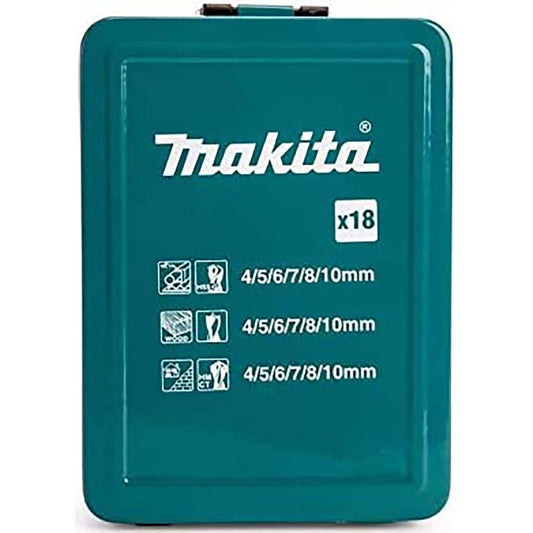 Makita 18-Piece Multi-Material Drill Bit Set – Metal Case | Wood, Masonry & Metal Bits (4–10mm)
