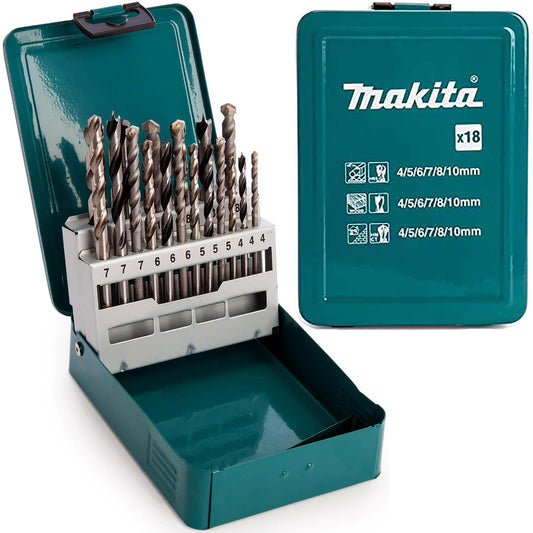Makita 18-Piece Multi-Material Drill Bit Set – Metal Case | Wood, Masonry & Metal Bits (4–10mm)